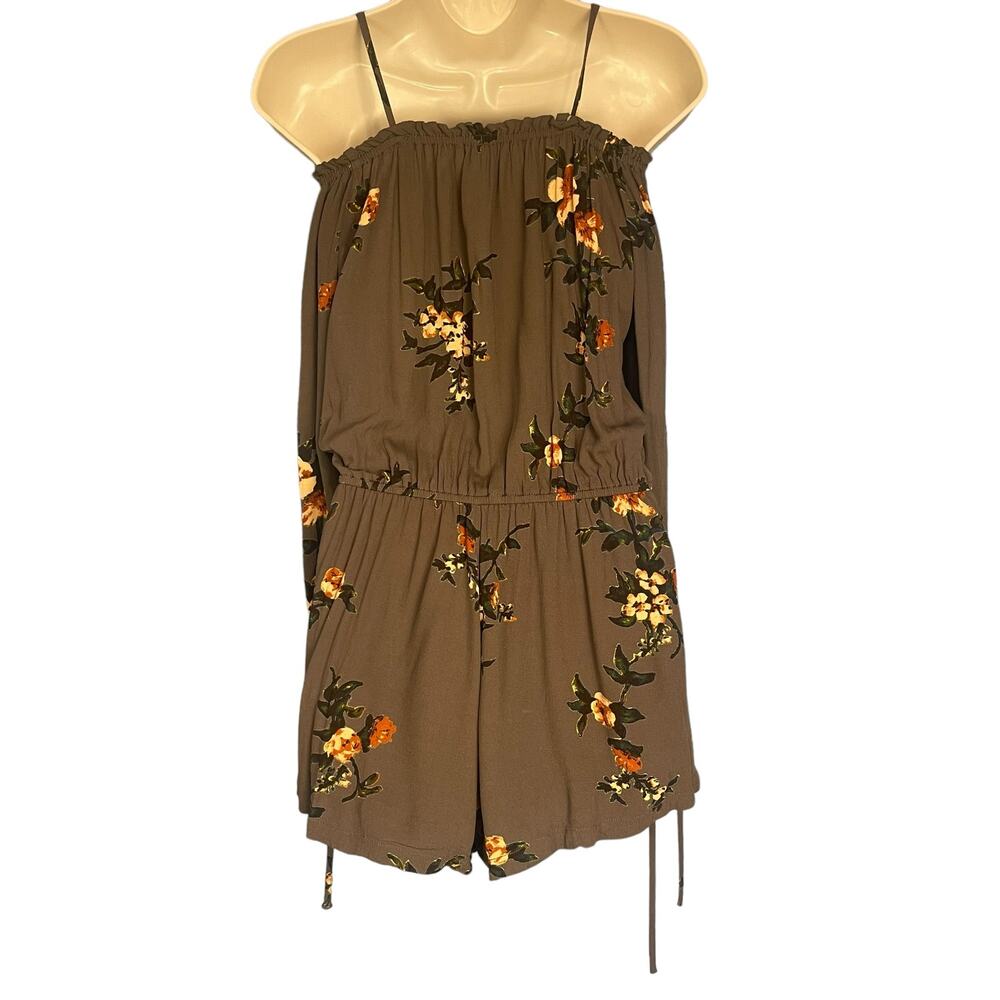 Free People Boho Off Shoulder Long Sleeves Floral Shorts Romper Olive Green XS - Picture 5 of 6